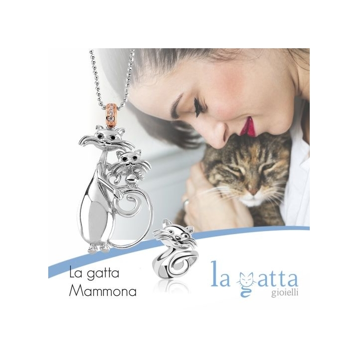 Collana a pallini con ciondolo La Gatta Mammona in argento 925 e cubic zirconia di La Gatta Gioielli.