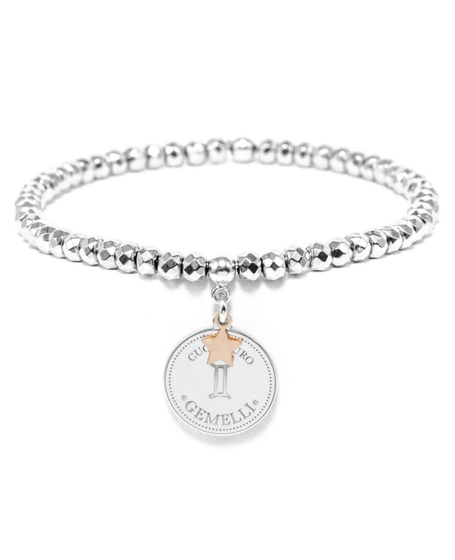 Bracciale elastico di Cuorepuro Italia, unisex segno zodiacale Gemelli con piastra d'argento 925. Bracciale elastico di Cuorepuro Italia, unisex segno zodiacale Gemelli con piastra d'argento 925.
