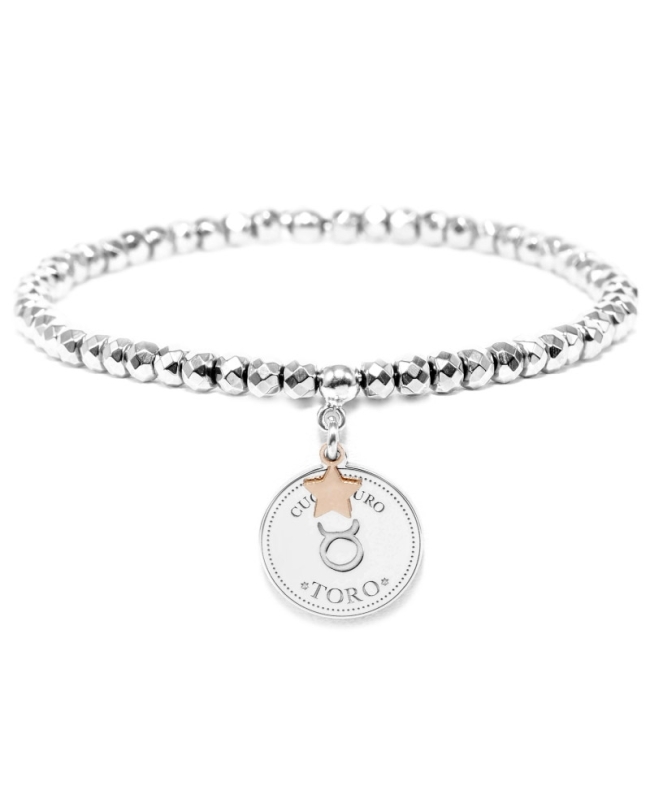 Bracciale elastico di Cuorepuro Italia, unisex segno zodiacale Toro con piastra d'argento 925.