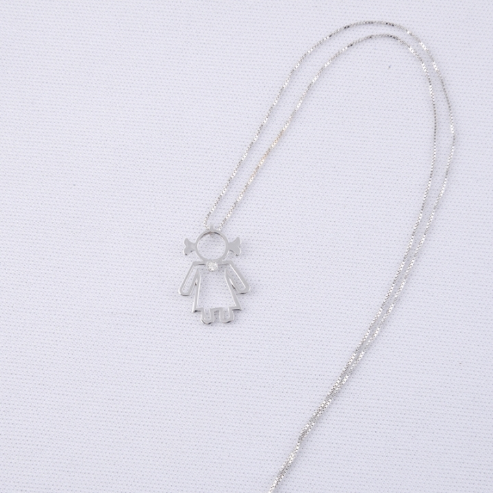 Girocollo con ciondolo Donnina stilizzata in oro bianco 18 kt con diamante taglio brillante ct 0.01.