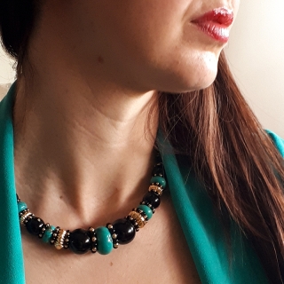 Collana in Turchese africano e onice, in argento laminato 14 ct.