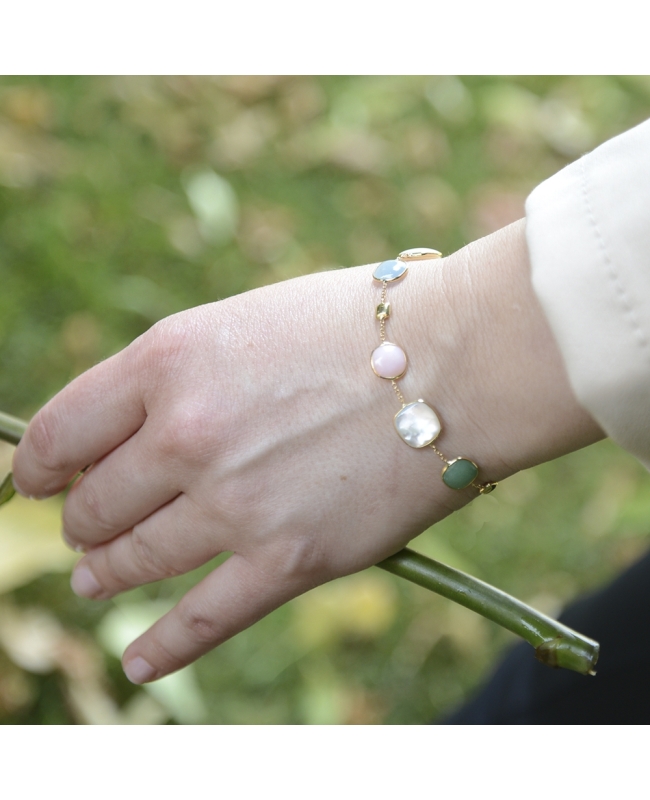 Bracciale donna in oro giallo con pietre di opale, agata e madreperla.