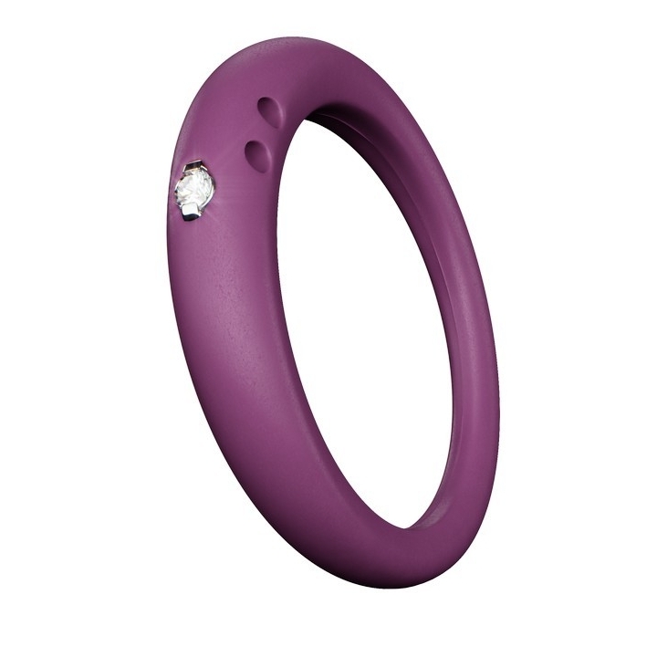 Anello con diamante 0.02 carati in castone d’argento 800 montato su silicone anallergico color viola romantico.