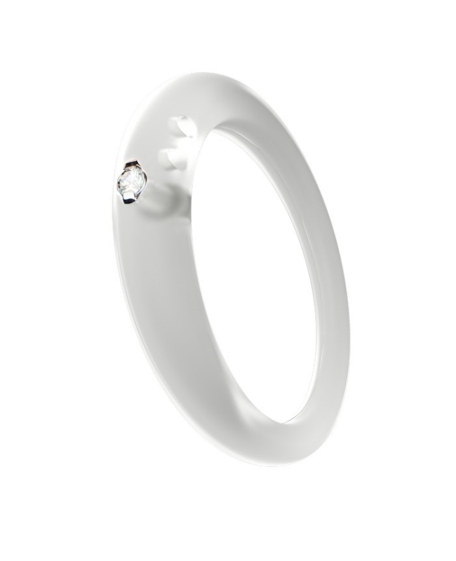 Anello con diamante 0.02 carati taglio brillante in castone d’argento 800 montato su silicone anallergico bianco trasparente.