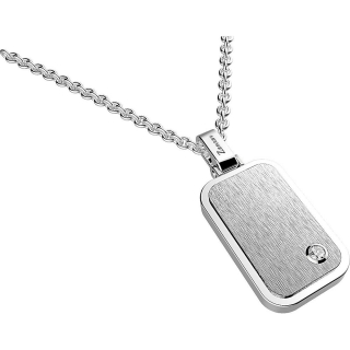 Collana Zancan da uomo con medaglia rettangolare in acciaio anallergico lucido e satinato con zaffiro bianco.