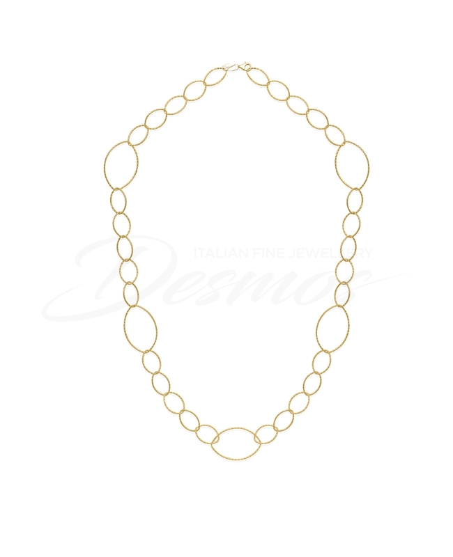 Collana della collezione Arabesque di Desmos in argento 925 rodiato gold con lavorazione cerchi sfaccettati al laser.