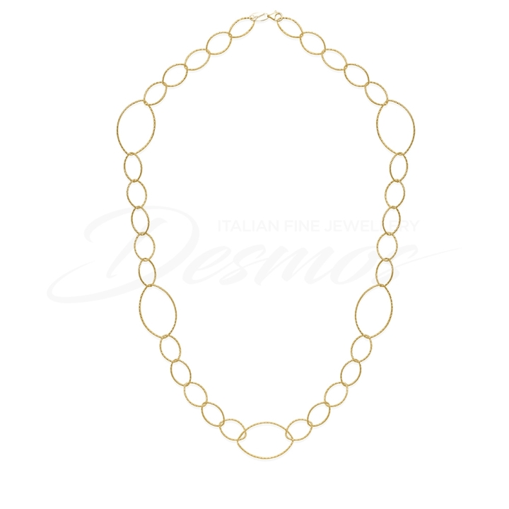 Collana della collezione Arabesque di Desmos in argento 925 rodiato gold con lavorazione cerchi sfaccettati al laser.