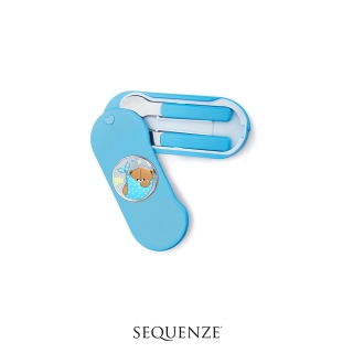 Sequenze. Set Posatine "Orsetto Luna" Forever Friends azzurro per bimbo. Ideale per regalo nascita, battesimo.
