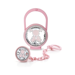 Sequenze. Porta ciuccio con pinza con placca in argento bilaminato con decoro celeste per bimba.
