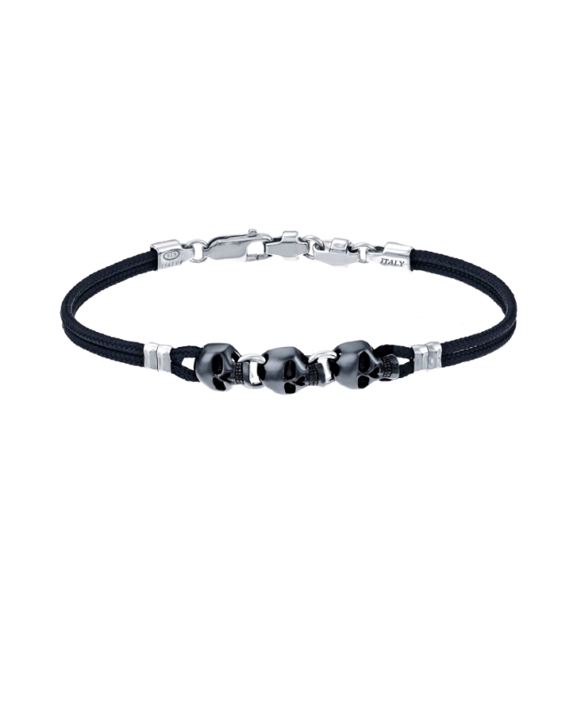 Bracciale da uomo Zancan, in argento 925 trattamento palladio-rodio in pvd nero e cordino in Kevlar con teschi. Bracciale da uomo Zancan, in argento 925 trattamento palladio-rodio in pvd nero e cordino in Kevlar con teschi.