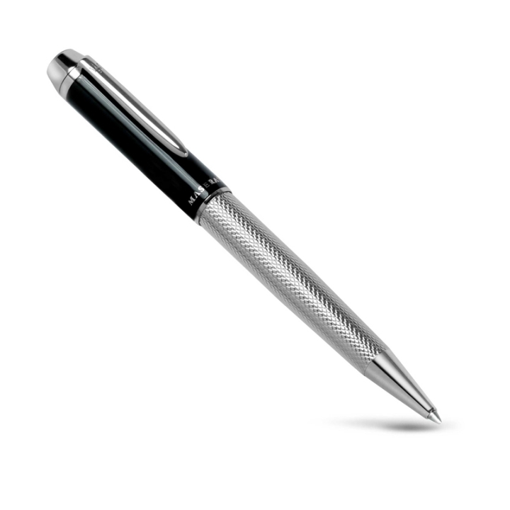 Penna a sfera Maserati della collezione Maserati Wi, referenza J880641607.Penna unisex in rame laccato argento e nero.