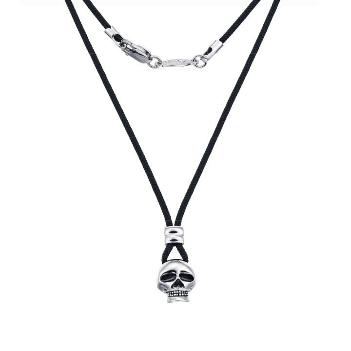 Collana Zancan da uomo della collezione The Skulls, con cordino in klevar nero e ciondolo a teschio in argento 925 rodiato.