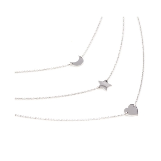 Girocollo multifilo in argento 925 rodiato con luna, stella e cuore.