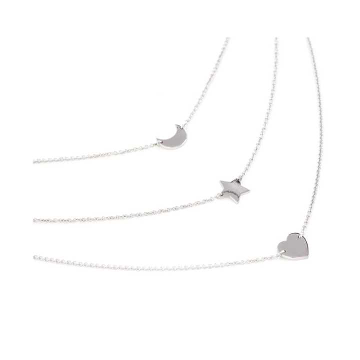 Girocollo multifilo in argento 925 rodiato con luna, stella e cuore.