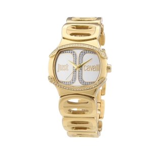Cinturino in acciaio pvd gold, cassa ovale in acciaio pvd gold e cristalli, movimento al quarzo.