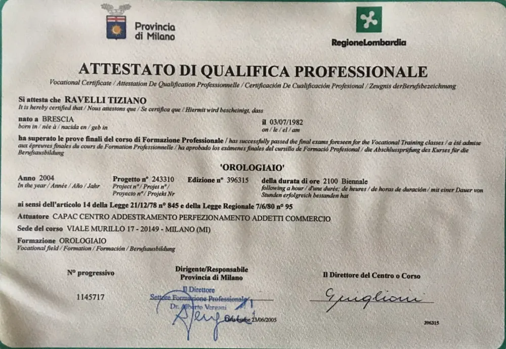 Professional Watchmaker qualification certificate from the Lombardy Region, two-year 2,100-hour course at CAPAC in Milan