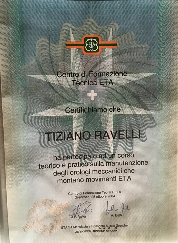 Certificate from the ETA Technical Training Centre in Grenchen: course on servicing mechanical watches, 2004