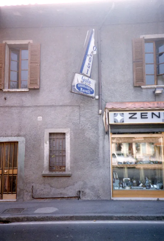 Historic Gala Gioielleria Ravelli sign on the façade of the old shop