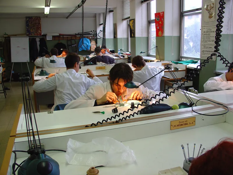 Classroom of a watchmaking school during a bench exercise